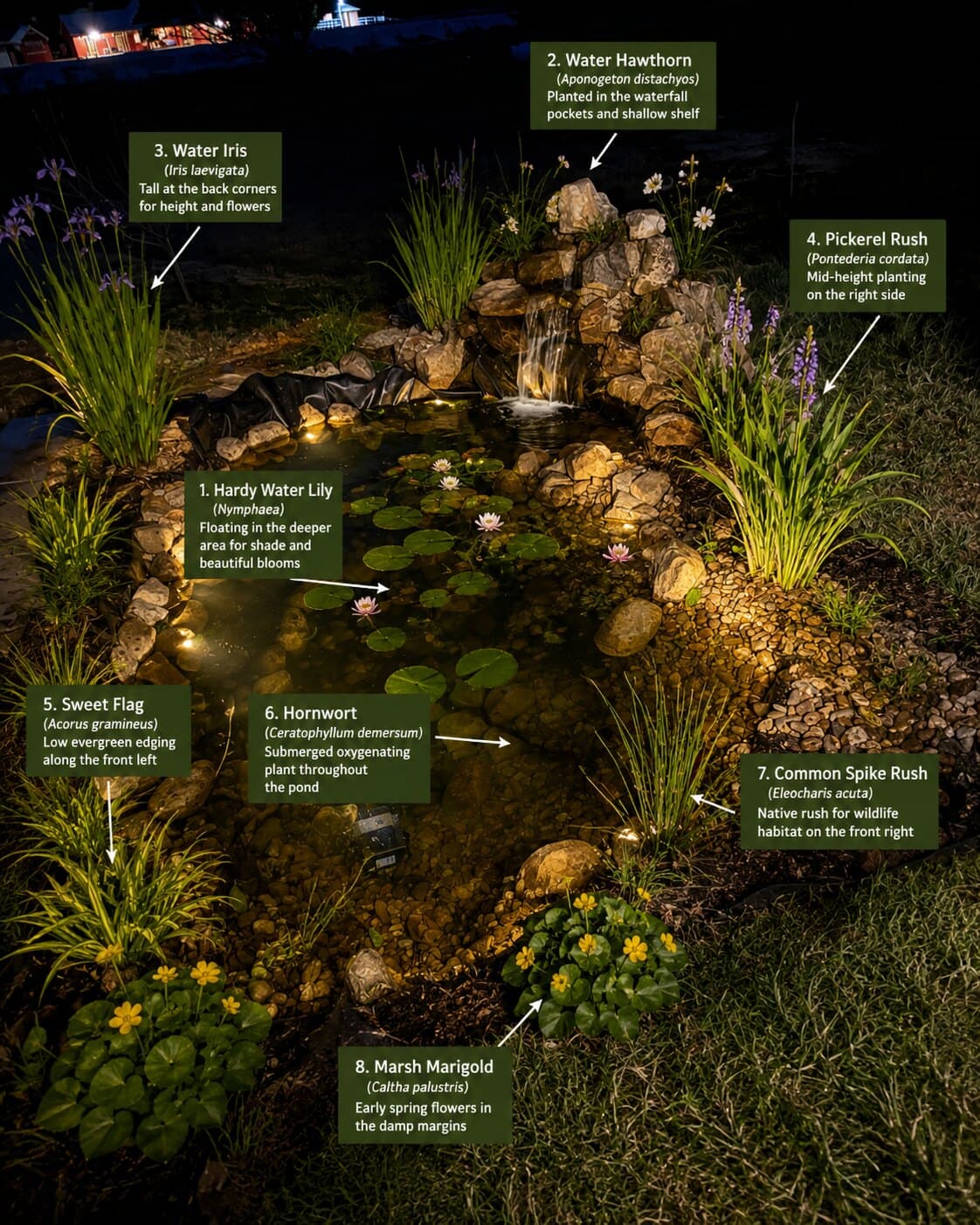 Annotated night-time garden planting collage