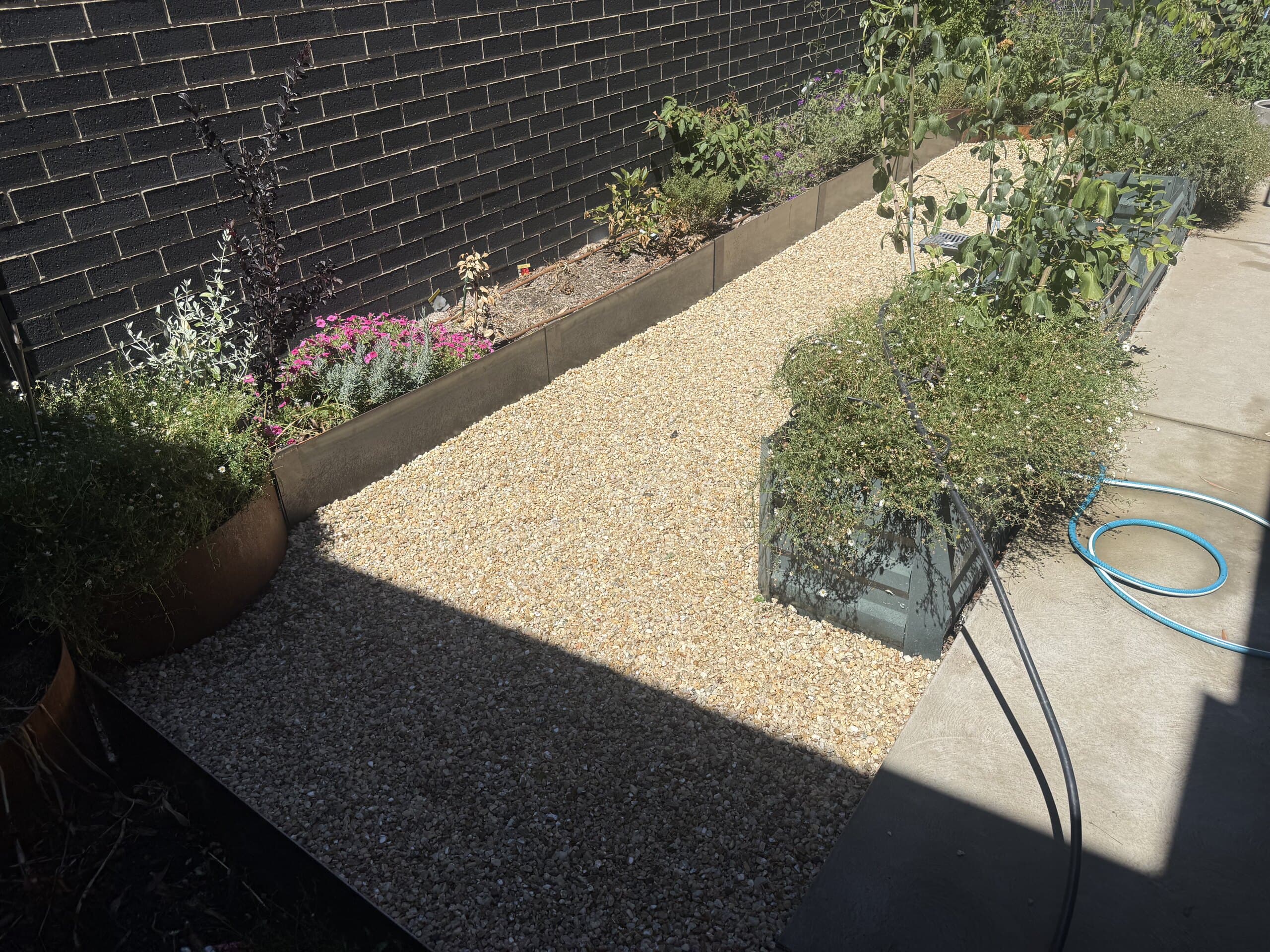 Gravel garden bed with potted plants